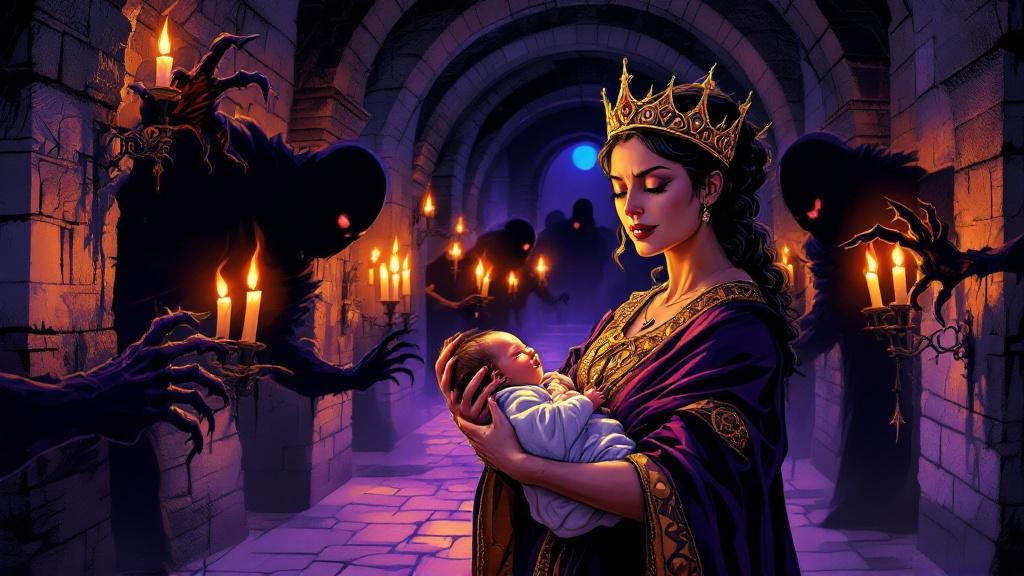 Queen Magrat holding baby Esmerelda protectively while facing down vampire shadows in the Lancre castle corridors