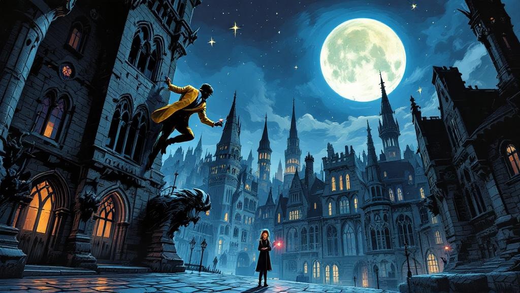 A figure in a golden suit climbing the outside of a tall building at night while far below a woman with a cigarette watches with arms crossed