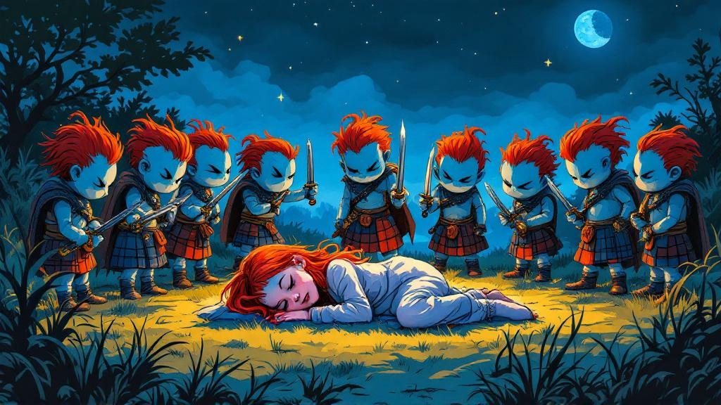 Nac Mac Feegle warriors standing guard around a sleeping Tiffany Aching at night, their tiny faces showing fierce protectiveness rather than their usual glee
