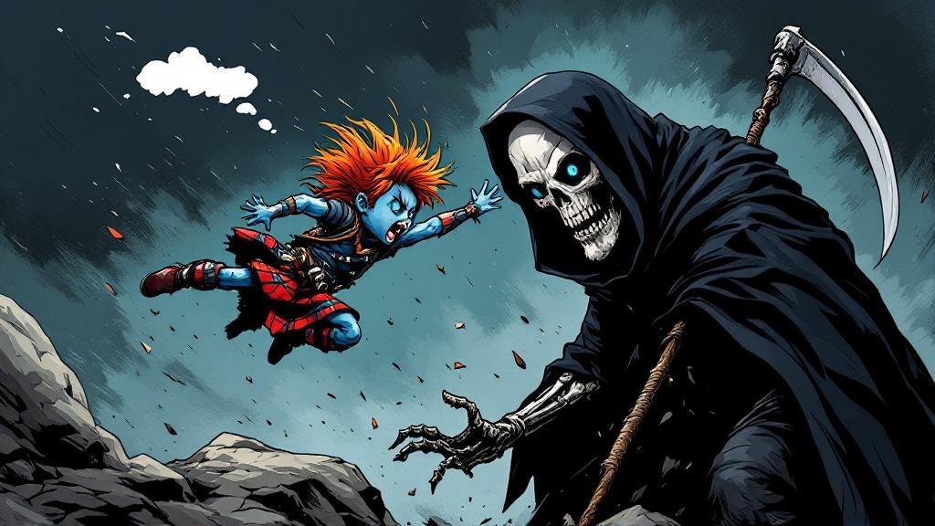 A tiny blue Feegle warrior mid-leap, headbutting the tall dark figure of Death, whose skull shows an expression of mild surprise