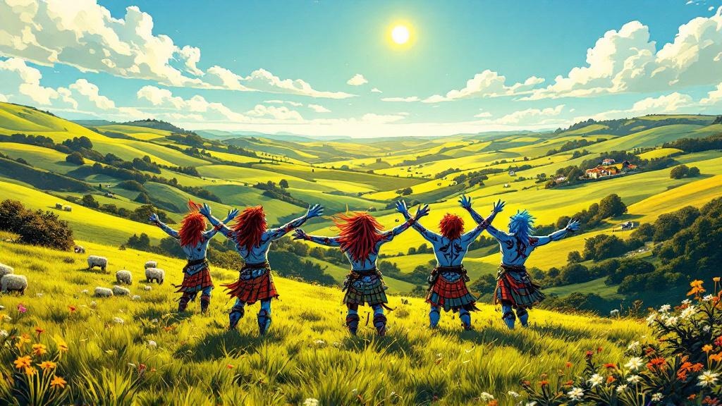 A group of tiny blue-skinned Feegle warriors standing on the Chalk downlands, arms spread wide, gazing at sunshine, sheep, and rolling green hills as if seeing paradise itself
