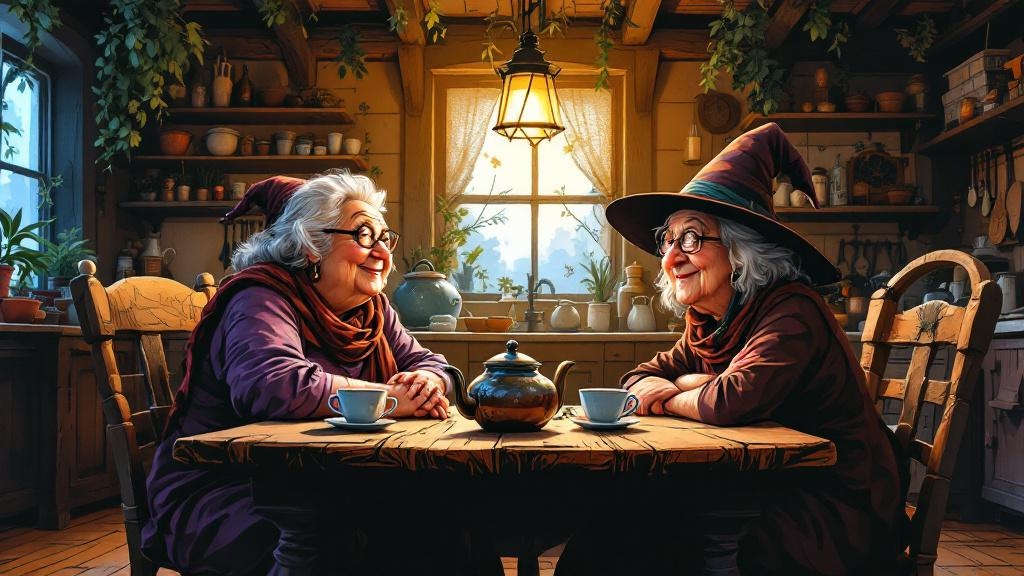 Two witches sitting across from each other at a kitchen table, one silent and smiling, the other looking uncomfortable with the quiet