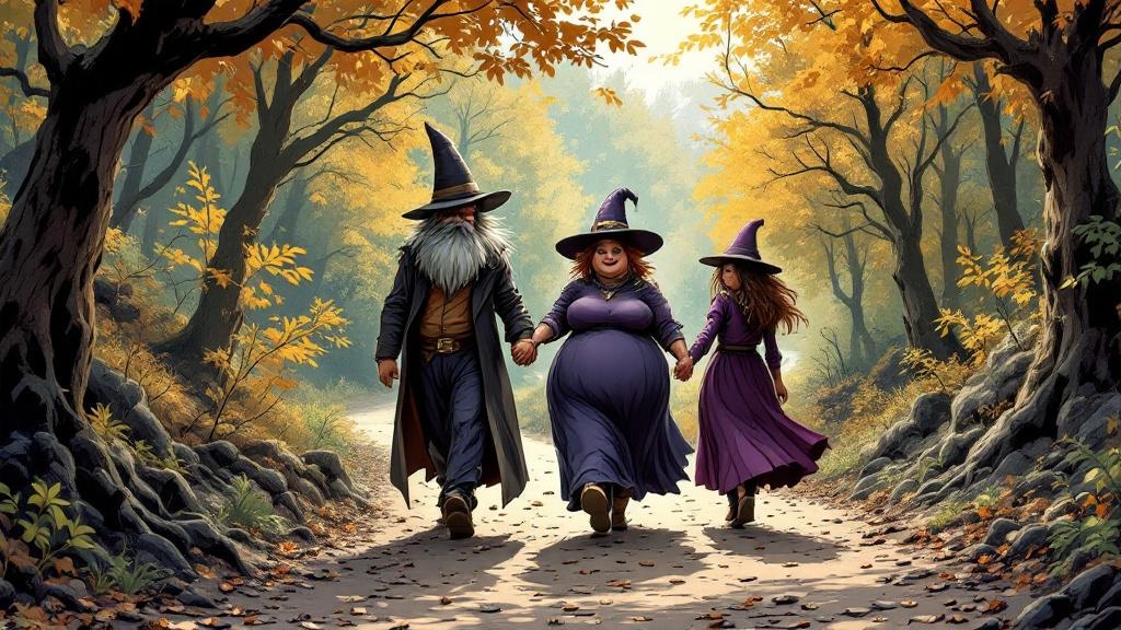 Three witches walking along a forest path, the middle one linking arms with the others while the tall one on the left strides ahead and the young one on the right trails uncertainly
