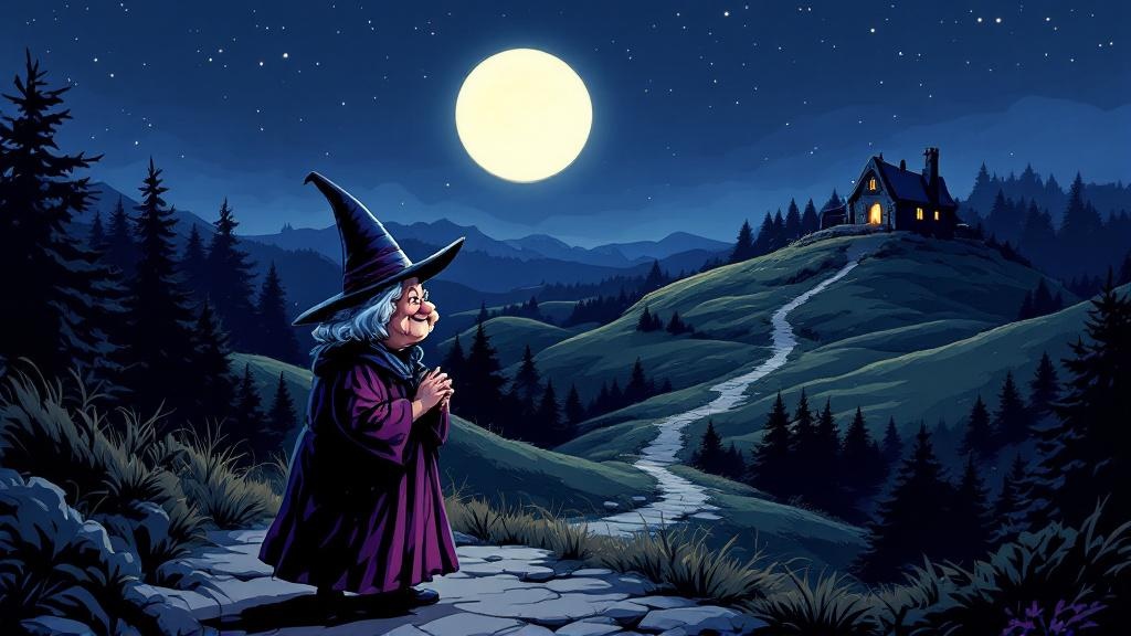 Nanny Ogg watching from a distance as a solitary light burns in Granny Weatherwax's isolated cottage on a dark hillside