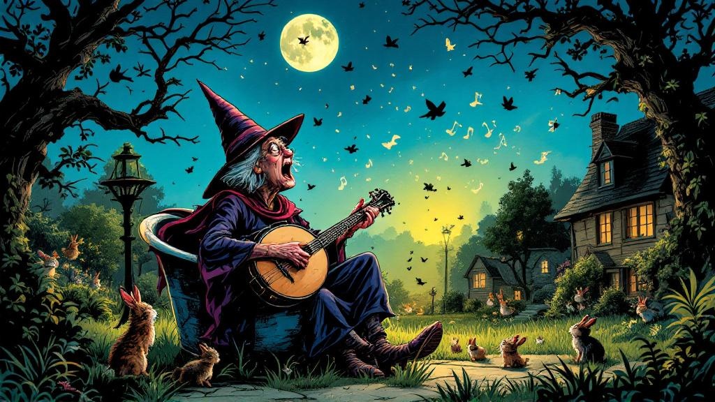Nanny Ogg singing at maximum volume in a tin bath outdoors, banjo in hand, while woodland creatures and neighbors flee in all directions