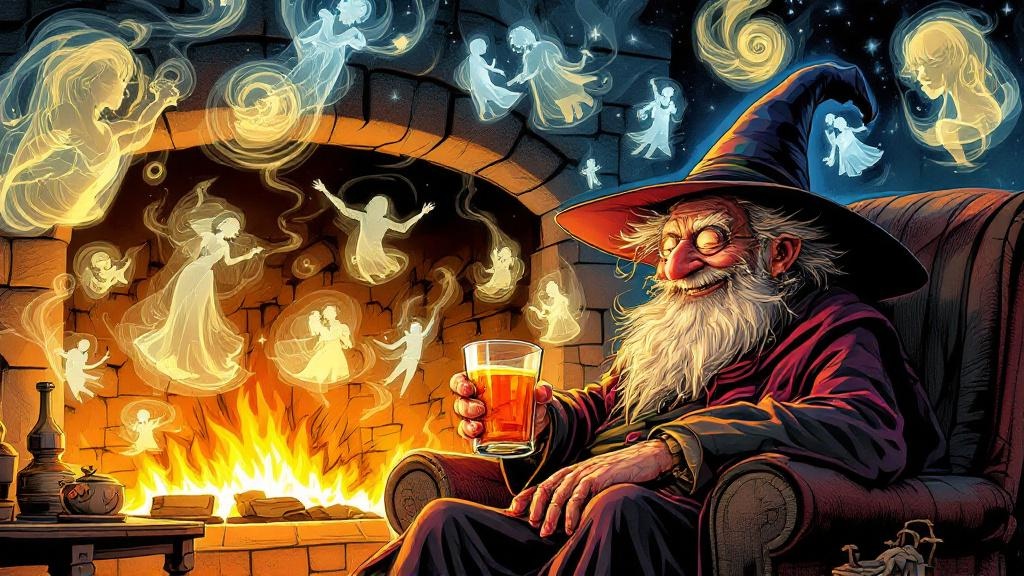 Nanny Ogg sitting by a roaring fireplace with a glass of something strong, surrounded by swirling ghostly images of her many adventures—dancing, singing, delivering babies, kissing