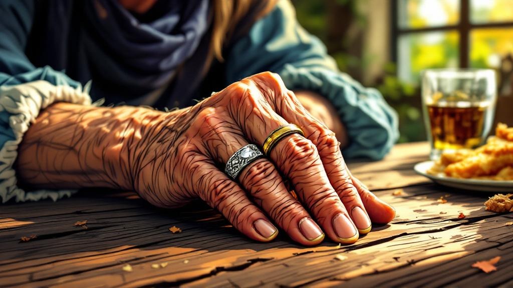An old woman's weathered hands resting on a table, wearing three different wedding rings stacked on one finger, each distinctly different in style
