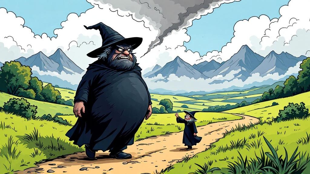 Nanny Ogg casually walking beside a storm cloud shaped like Granny Weatherwax, gently leading it without it noticing
