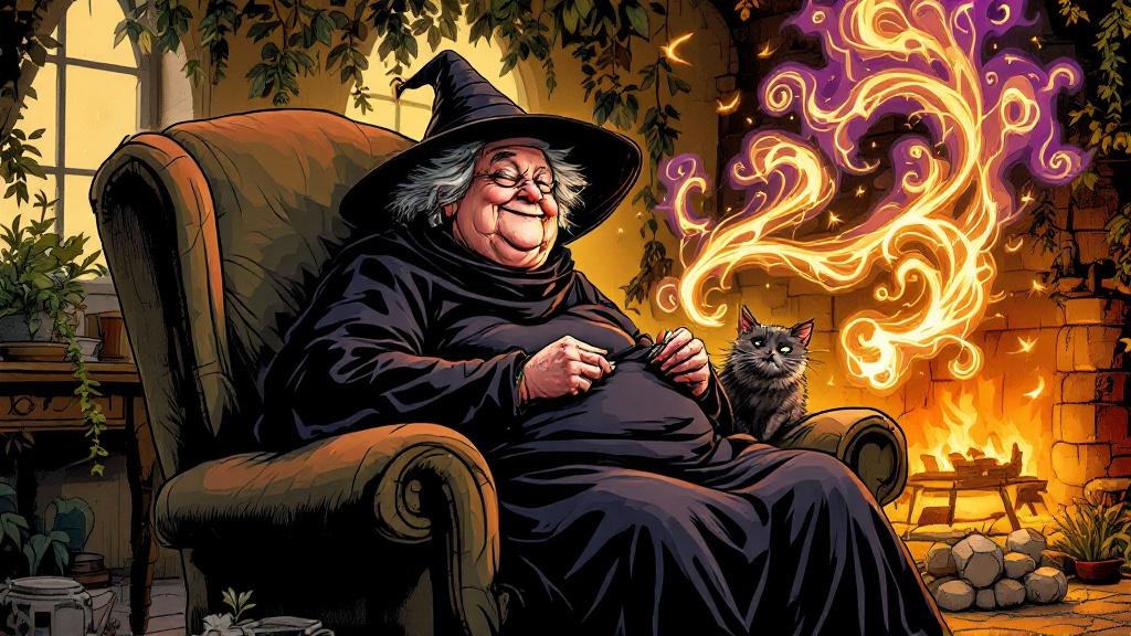Nanny Ogg sitting in a comfortable chair, knitting, with faint magical energy radiating around her that she seems completely unaware of