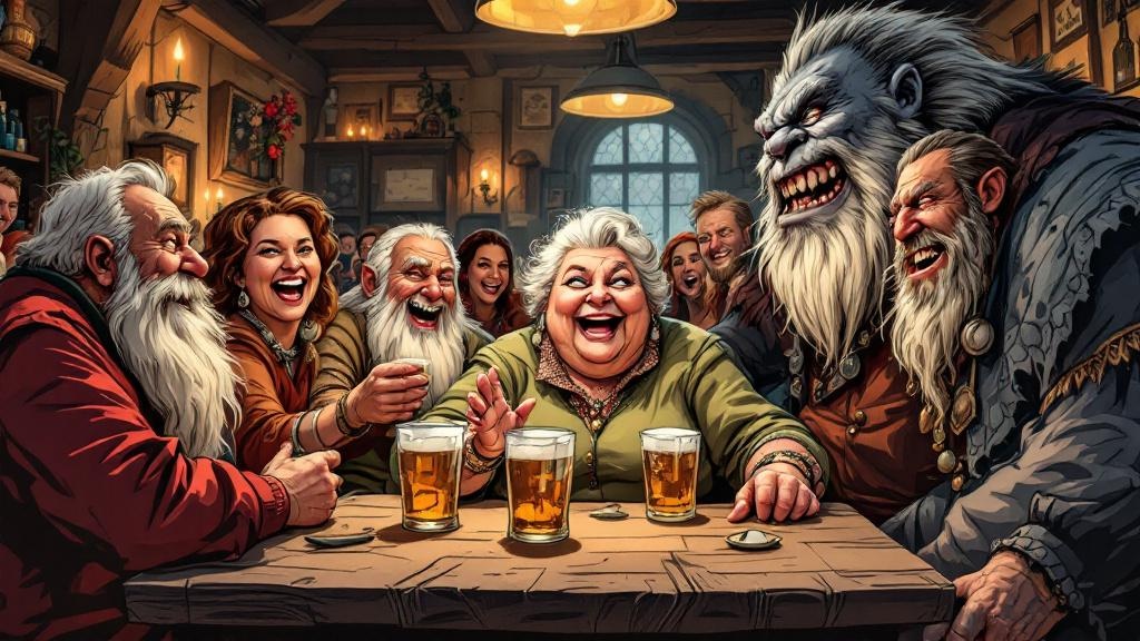 Nanny Ogg at a pub table, surrounded by dwarfs, trolls, and humans, everyone laughing together