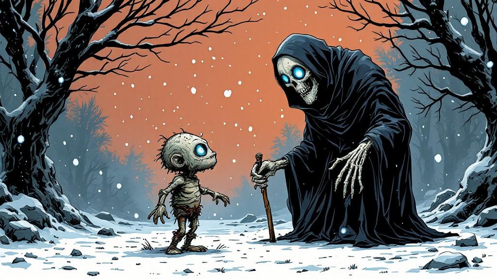 Death bending down in confusion to examine Nobby Nobbs during Hogswatch