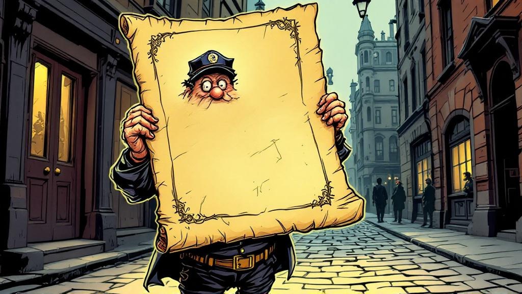 Nobby Nobbs proudly holding his official certificate of humanity in an Ankh-Morpork street