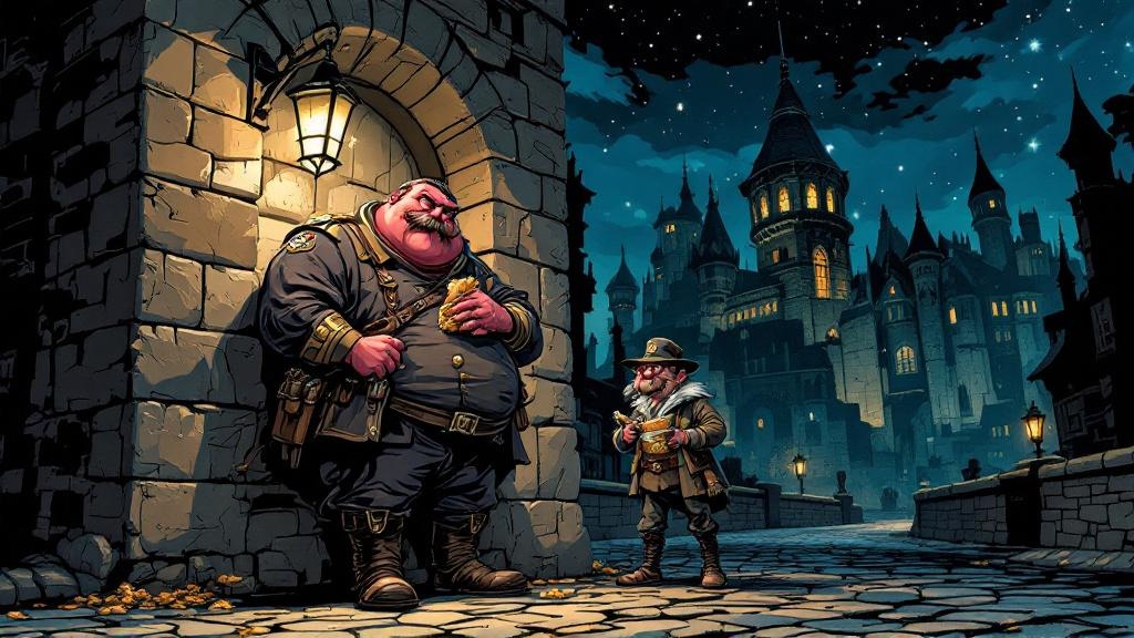 Sergeant Colon and Corporal Nobbs leaning against the Watch House gate at night, sharing a cigarette and a bag of pork scratchings