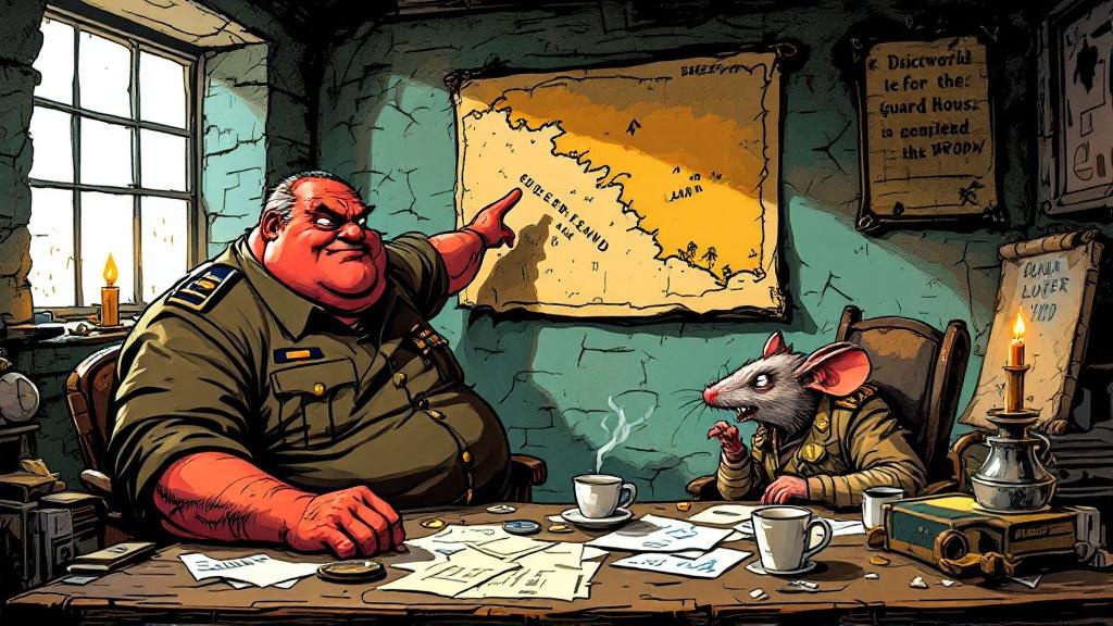 Colon gesturing emphatically at a map of Klatch while Nobby looks on with barely concealed amusement, mugs of tea on the desk between them