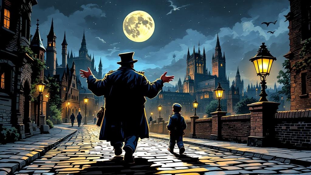 Colon and Nobbs on night patrol, silhouetted against the Ankh-Morpork skyline, deep in animated discussion