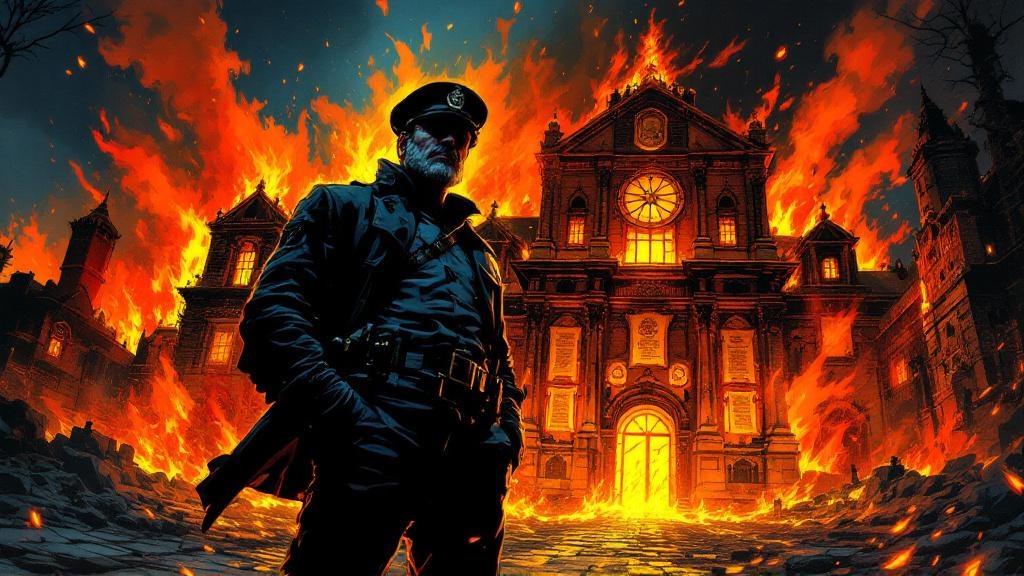 Sam Vimes standing before the burning Royal College of Arms, flames reflecting in his eyes, scattered heraldic scrolls curling to ash