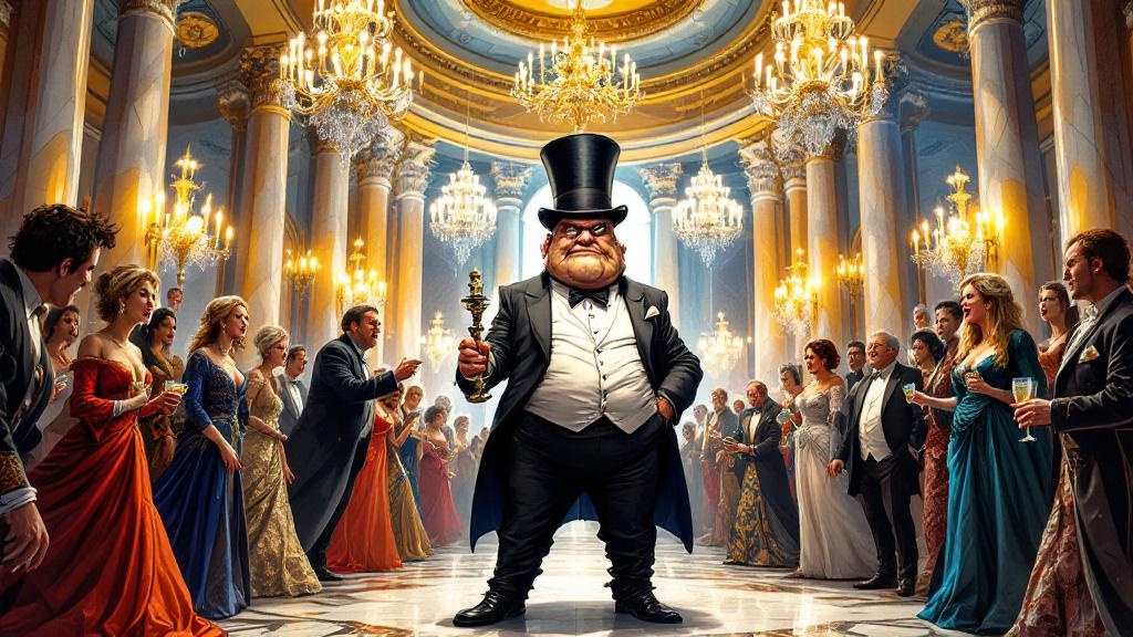 Nobby Nobbs in ill-fitting formal wear at a grand ballroom, aristocrats recoiling around him while he pockets silverware