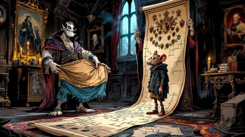 Nobby Nobbs looking baffled while a herald presents him with an ornate family tree scroll in a dusty heraldic office