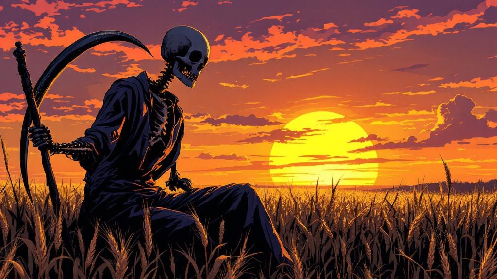 Death as Bill Door, silhouetted against a golden sunset, resting on his scythe after a day's work in the fields