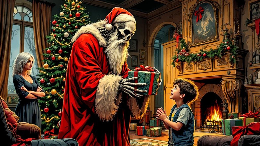 Death dressed as the Hogfather, handing a gift to a wide-eyed child while Susan watches skeptically from the shadows