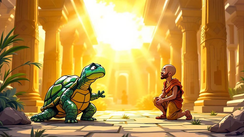 The Great God Om as a small, frustrated tortoise speaking to Brutha in a sunlit temple garden