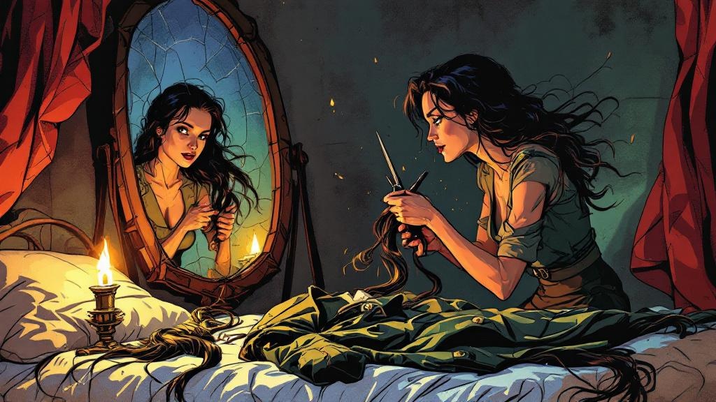 Polly Perks cutting her hair by candlelight, determination in her eyes, with a soldier's uniform laid out nearby