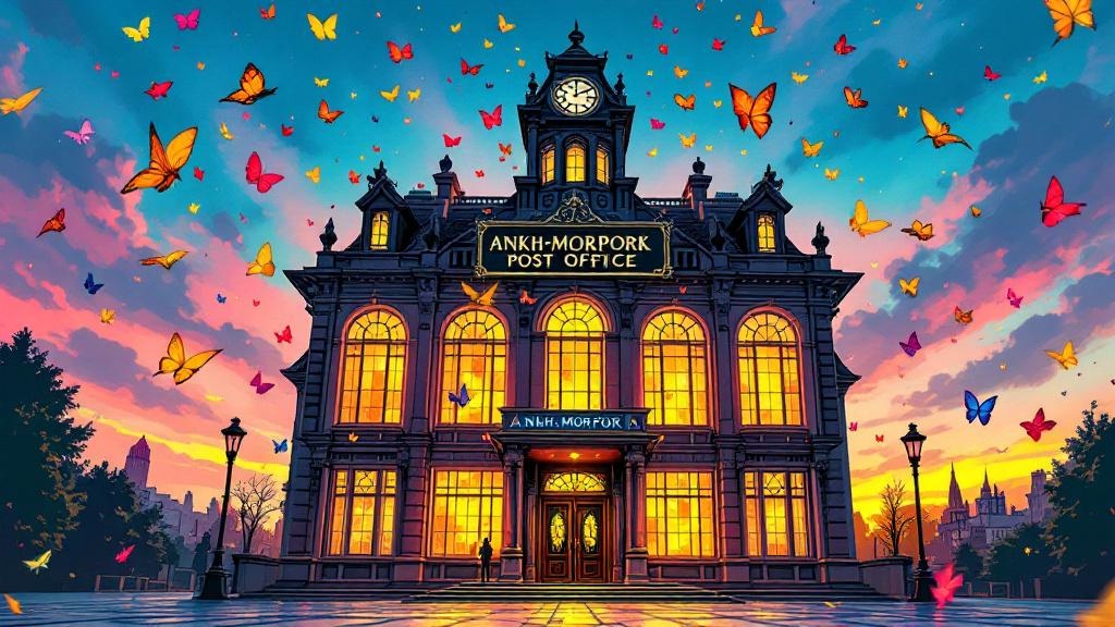 The grand post office building at dawn, its windows glowing with light, stamps fluttering through the air like birds