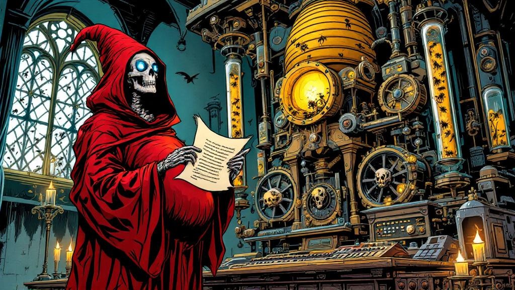 Death in a red Hogfather robe standing before a vast machine of glass tubes, ants, and spinning wheels, reading a strip of paper emerging from a wooden apparatus