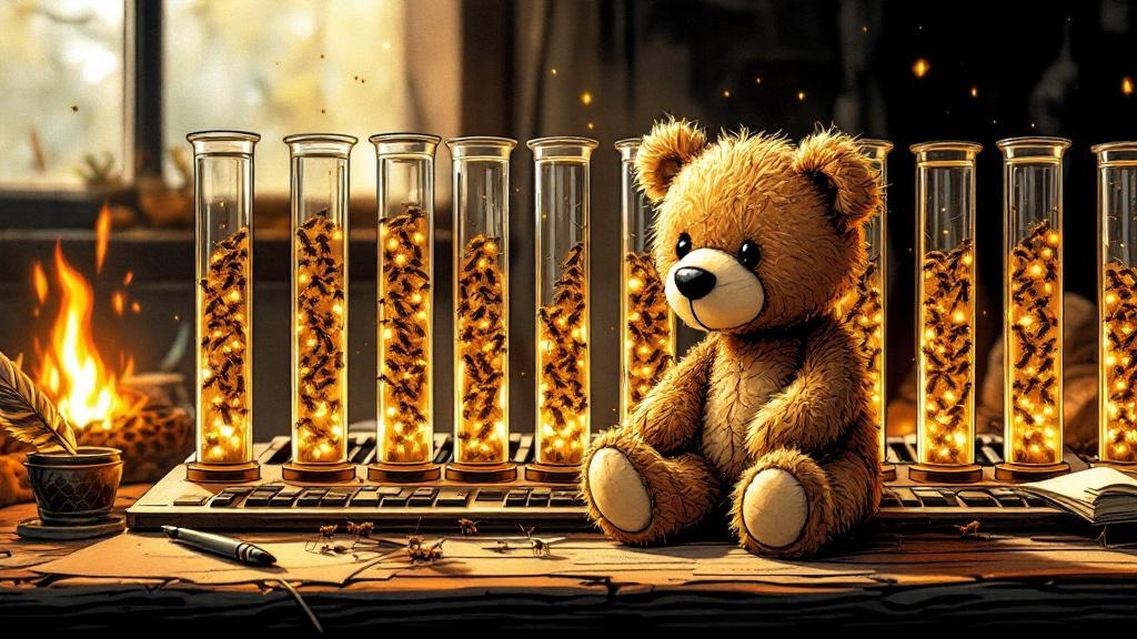 A small, slightly lopsided stuffed teddy bear sitting on a wooden keyboard above glass tubes of marching ants, bathed in warm firelight