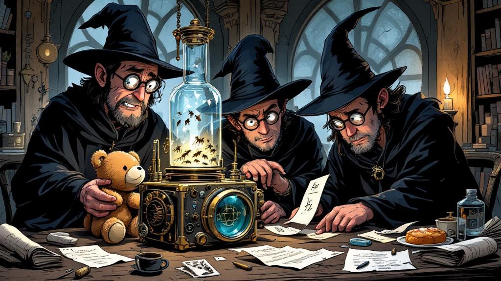A group of worried young wizards in round spectacles staring at frozen glass tubes full of motionless ants, a small teddy bear dangling from one wizard's hand