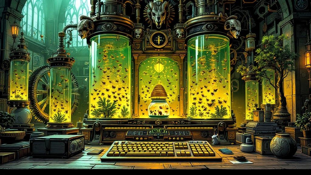 A sprawling magical computer filling a university room, showing glass tubes of marching ants, a beehive, ram skulls on a waterwheel, a small mouse, and religious icons on the frame