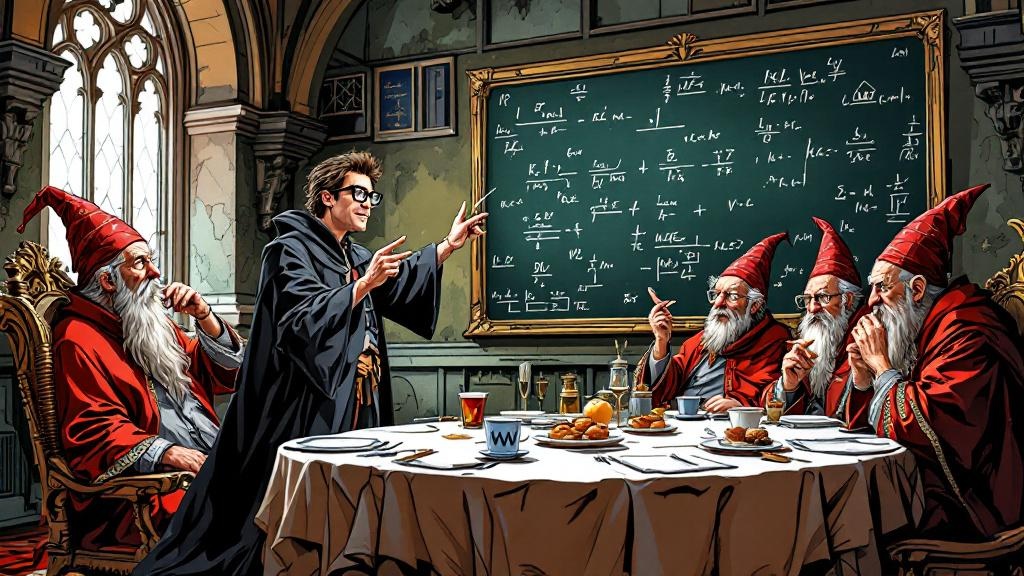 Ponder Stibbons at a blackboard covered in equations while elderly wizards around a long table look confused, eat pastries, or doze off