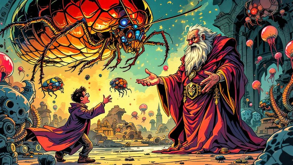 Ponder Stibbons recoiling in horror as a bearded god proudly presents a giant gleaming cockroach