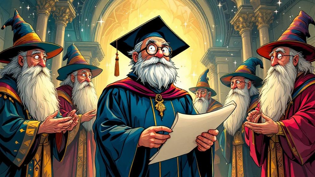 A bewildered young wizard in round spectacles receiving a graduation certificate while senior wizards look confused