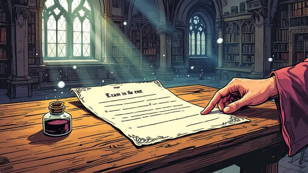 An exam paper on a wooden desk with a single question written in ornate script, an inkwell teetering nearby