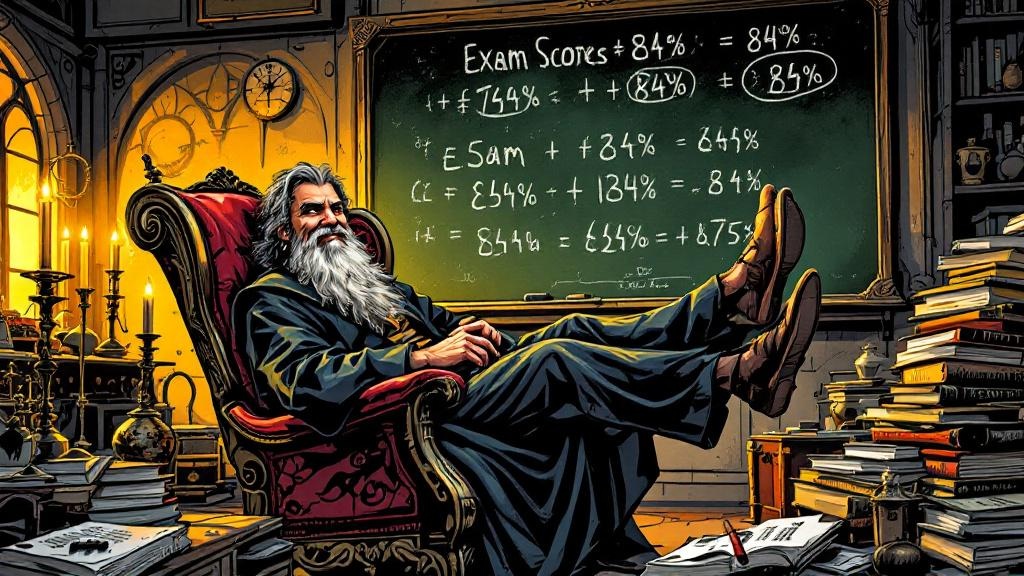 A young wizard lounging in a university chair, carefully calculating exam scores on a chalkboard behind him