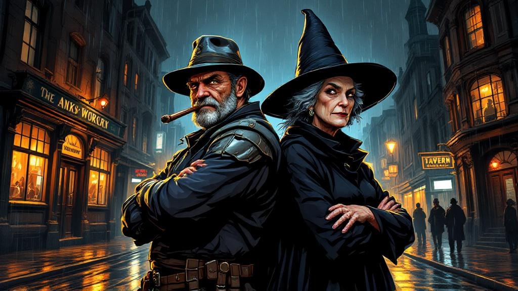 Sam Vimes and Granny Weatherwax standing back to back, representing the character-driven peak of Discworld