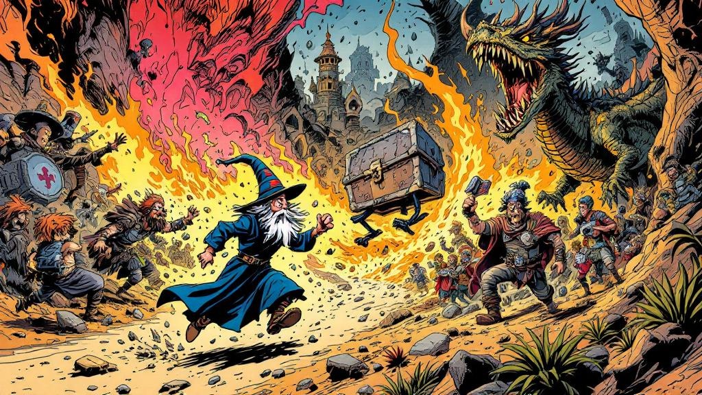 Rincewind fleeing through a chaotic landscape of colliding fantasy tropes, with dragons, barbarians, and magical explosions