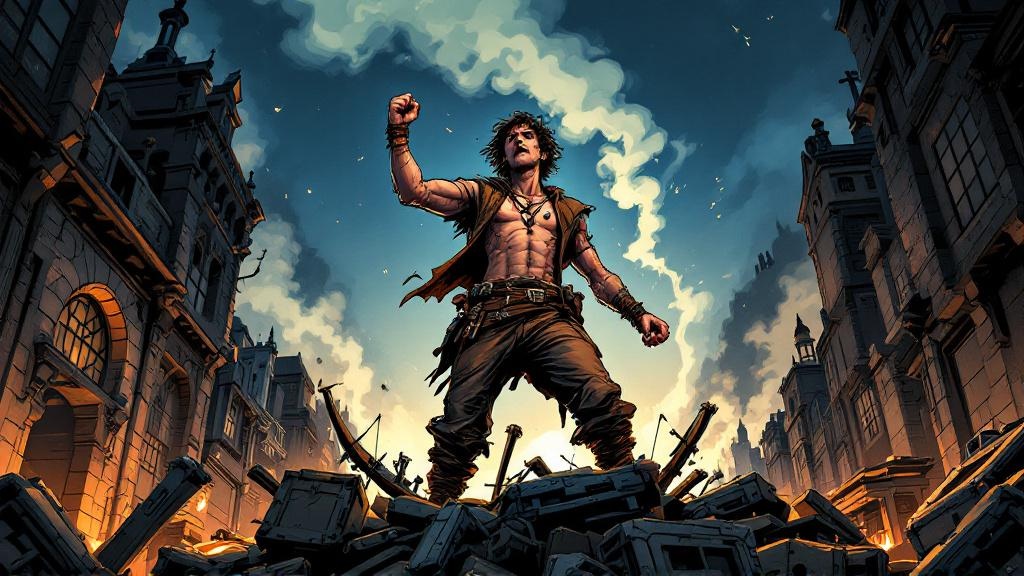 A young revolutionary standing defiantly on a makeshift barricade, crossbow bolts protruding from his chest, fist raised against a dark smoky sky