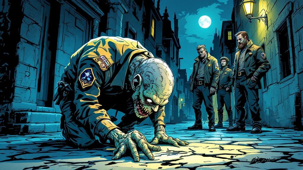 A zombie in a city watch uniform carefully examining a crime scene with meticulous attention while living officers look on with grudging respect