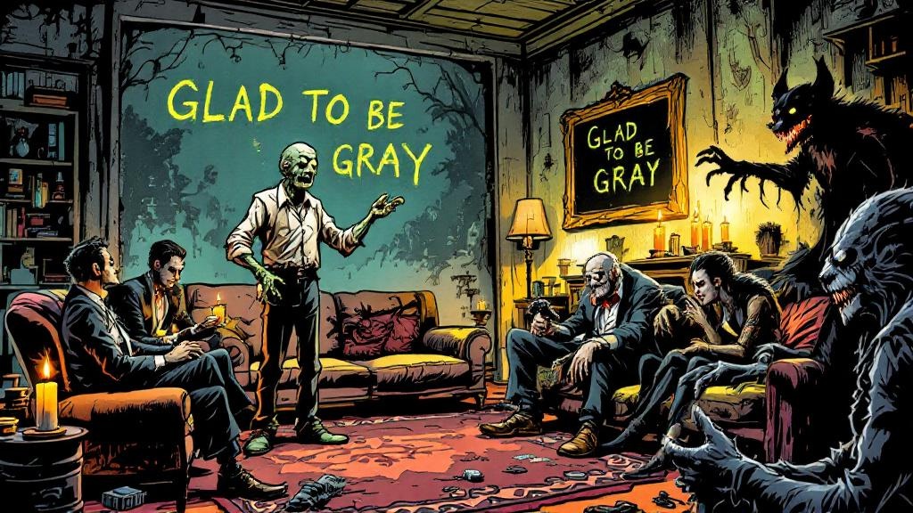 A zombie passionately addressing a meeting of misfits including a vampire couple, a werewolf, a ghoul, and a nervous bogeyman in a cramped living room at 668 Elm Street