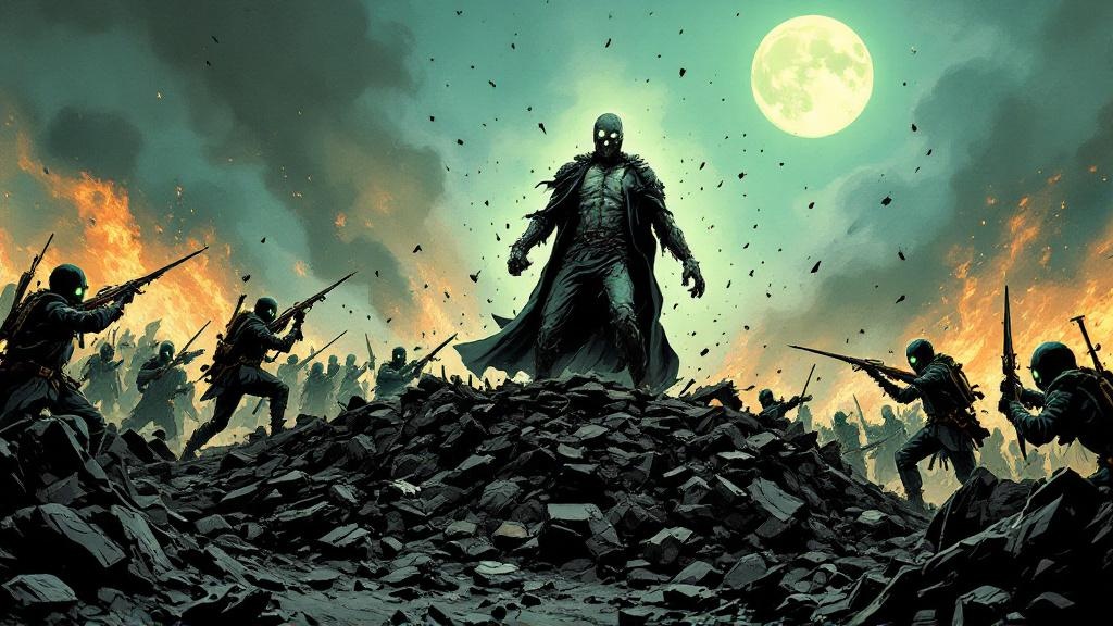 A pale figure rising from the ground amid debris and smoke on a barricade, eyes glowing faintly, fist still clenched, while terrified soldiers stagger backward