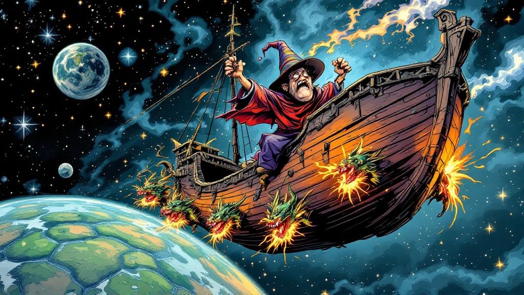 A terrified wizard clinging to a ramshackle wooden spaceship propelled by dragon fire, the Disc visible far below