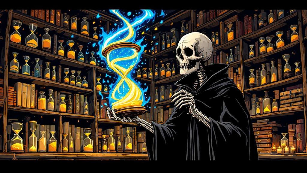 Death holding up a bewildering hourglass with sand flowing in impossible directions, looking puzzled in his study full of shelves of normal life-timers
