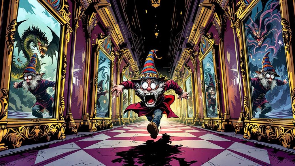 A figure in a battered wizard hat running away through an infinite corridor of mirrors, each reflection showing a different desperate escape