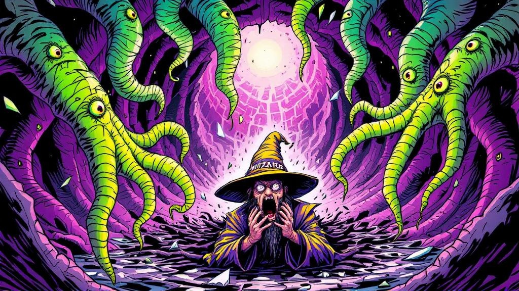 A terrified wizard in a battered pointy hat cowering among swirling, tentacled nightmare creatures in a dark void between dimensions
