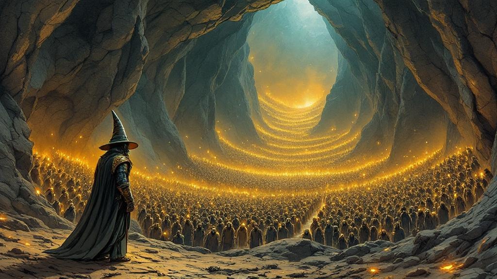 A wizard in a pointy hat standing dumbfounded before an enormous underground cavern filled with thousands of terracotta warrior statues beginning to glow with magical energy