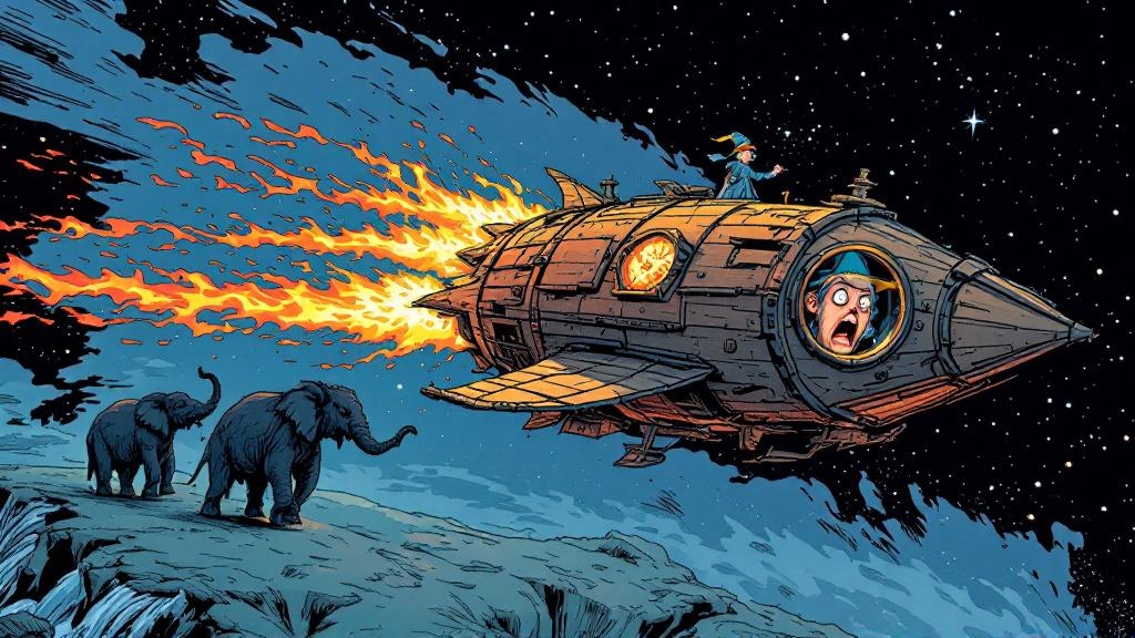A rickety wooden spacecraft shaped like a kite, propelled by jets of dragon fire, sailing past the elephants and turtle of the Great A'Tuin with a terrified wizard visible through a window