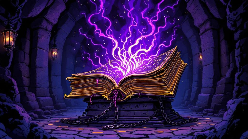 The Octavo glowing with eldritch light on a chained lectern in a dark underground vault