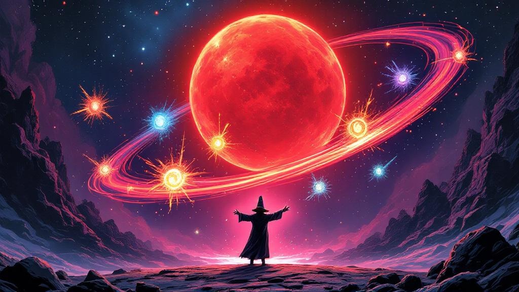 Rincewind speaking the Great Spell with seven other glowing spell-forms swirling around him as a red star fills the sky